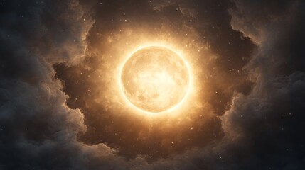 Naklejka na meble Radiant celestial body glowing, massive sun surrounded by swirling cosmic clouds, emphasizing light and atmosphere.