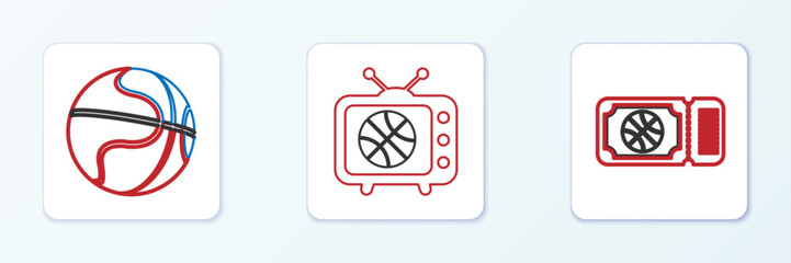 Poster - set line basketball game ticket, stopwatch with basketball and location icon. vector