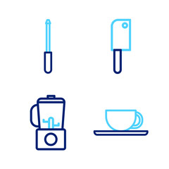 Poster - Set line Coffee cup, Blender, Meat chopper and Knife sharpener icon. Vector