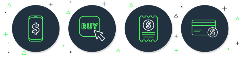 Poster - Set line Buy button, Paper check and financial check, Smartphone with dollar and Credit card icon. Vector
