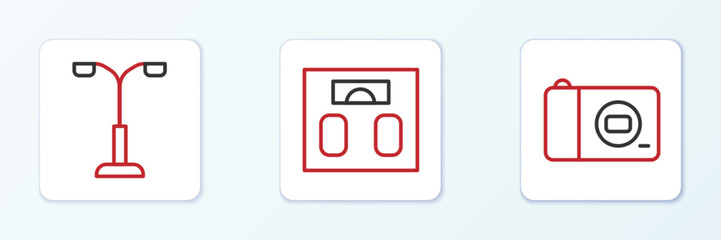 Poster - set line photo camera, street light and bathroom scales icon. vector