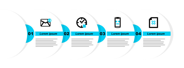 Poster - set line delete file document, dead mobile, clock 24 hours and new, email incoming message icon. vec