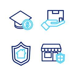 Poster - set line travel suitcase with shield, house, delivery insurance and graduation cap and coin icon. ve