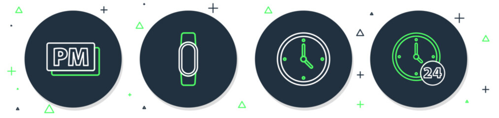 Fototapete - Set line Smartwatch, Clock, PM and 24 hours icon. Vector