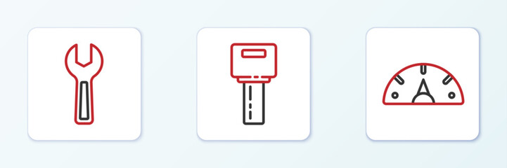 Poster - Set line Speedometer, Wrench spanner and Car key with remote icon. Vector