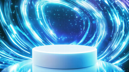 Poster - Futuristic concept with white circular podium and vortex light display