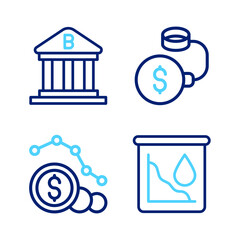 Poster - Set line Drop in crude oil price, Dollar rate decrease, Debt ball chained to coin and Bank building icon. Vector
