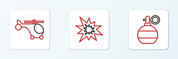 Poster - set line hand grenade, helicopter and bomb explosion icon. vector