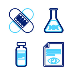 Poster - Set line Paper page with eye, Medical vial, ampoule, DNA research, search and Crossed bandage plaster icon. Vector