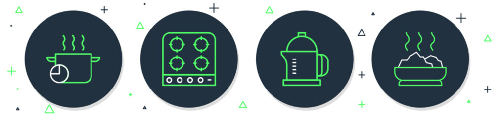 Poster - Set line Gas stove, French press, Cooking pot and Bowl of hot soup icon. Vector