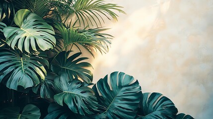 Poster - Lush Green Tropical Leaves on Beige Wall Background
