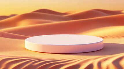Poster - Minimalistic white podium on desert sand dunes at sunset for product display design