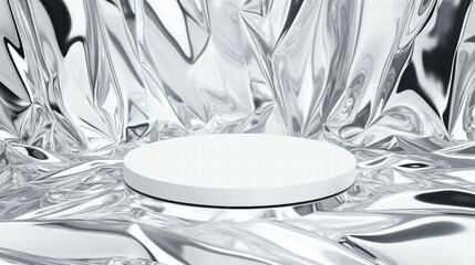 Poster - Minimalist white circular podium on reflective metallic surface
