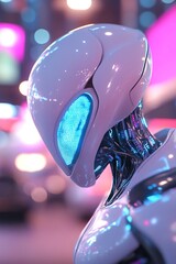 Poster - A cybernetic alien stands confidently, showcasing smooth metallic skin and glowing blue neural implants. Holographic data streams around it, set against a neon-lit city background