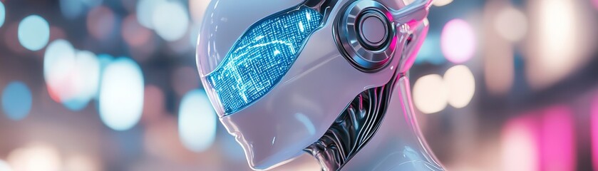 Poster - A sleek cybernetic alien with metallic skin and bright blue neural implants stands in a vibrant city of neon lights. Holographic data flows around it, showcasing advanced technology and intelligence