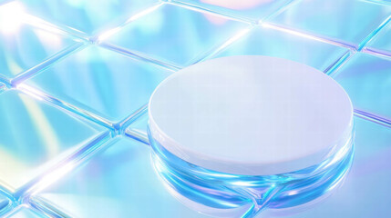 Poster - Minimalist design with white circular podium on glossy iridescent surface for product display