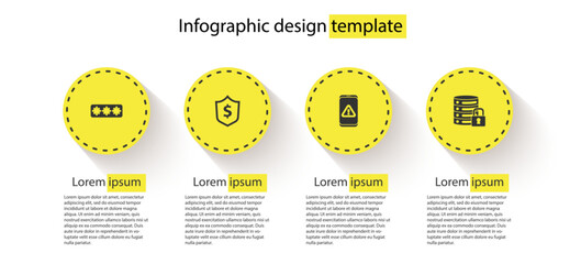 Poster - set password protection, shield with dollar, mobile exclamation mark and server security lock. busin