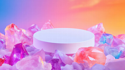 Poster - Abstract pastel display with white circular podium and colorful crystals