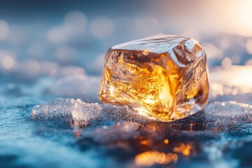Poster - Golden amber radiates warmth as it remains trapped within a block of ice, emphasizing the contrast of cool blue tones surrounding it. The soft light creates a serene environment perfect for branding