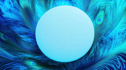 Poster - Minimalist white circular podium on peacock feathers background for elegant display design