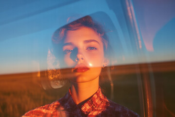 Poster - Dreamy sunset reflection portrait capturing ethereal beauty and tranquility
