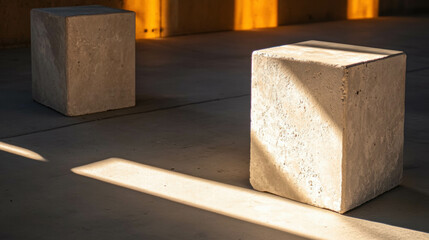 Poster - Abstract composition with textured square and rectangular shapes in sunlit space