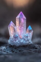 Poster - A stunning crystal formation rises gracefully, emitting soft blue and violet light, set against a misty dark background to create a captivating atmosphere ideal for fantasy branding