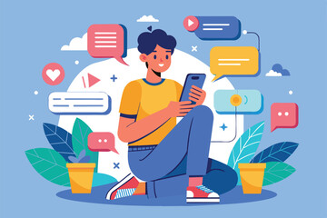 Poster - a young individual is engaged in texting on a smartphone amidst vibrant chat bubbles and greenery, t