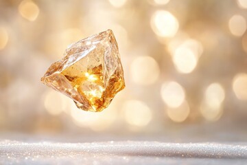 Poster - A radiant piece of amber seems to float in a misty atmosphere, emanating warmth. The soft, golden background creates a mystical and airy feeling, perfect for enchanting designs