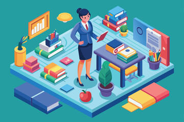 Poster - a professional teacher stands in a colorful classroom filled with books, stationery, and decor items