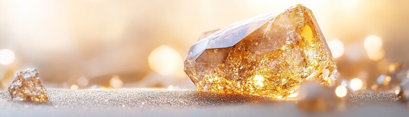Poster - This composition features a beautifully detailed amber stone highlighted by rare metallic flecks and shimmering golden inclusions. Soft lighting enhances the luxurious feel
