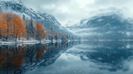  Serene autumn lake mirroring snowy peaks