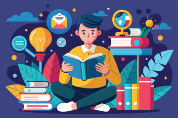 Poster - A young man sits cross-legged, focused on reading a book surrounded by colorful stacks of books and inspiring elements, the male character is reading and searching to increase his knowledge