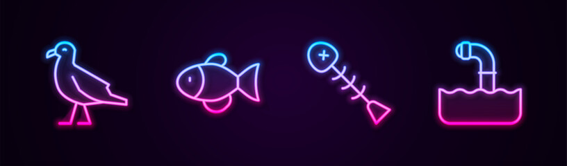 Poster - Set line Bird seagull, Fish, Dead fish and Periscope. Glowing neon icon. Vector