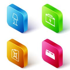 Poster - Set Isometric line Table lamp, Car battery, Canister for gasoline and Stacks paper money cash icon. Vector