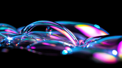 Poster - Iridescent liquid soap texture with vibrant bubbles on black background