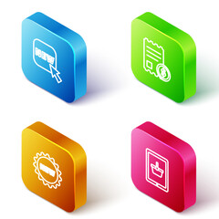 Poster - Set Isometric line Button with text New, Paper check and financial check, Price tag and Shopping basket tablet icon. Vector