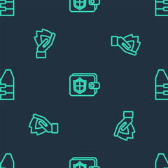 Poster - set line wallet with shield, hand holding fire and life jacket on seamless pattern. vector