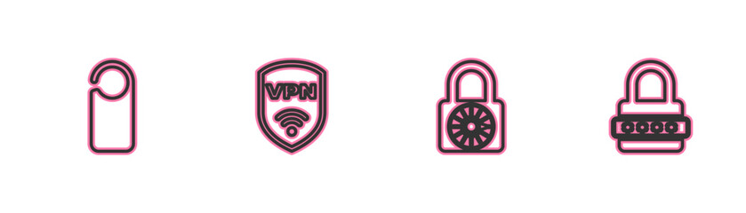 Poster - Set line Please do not disturb, Safe combination lock wheel, Shield with VPN wireless and Password protection icon. Vector