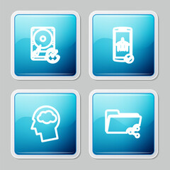 Poster - set line hard disk drive with clockwise, flight mode in the mobile, head silhouette cloud and share 