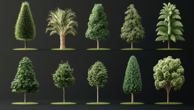 Lush green tree collection, featuring a variety of species and organic structures, digitally rendered with precise botanical accuracy