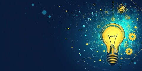 Poster - Bright light bulb surrounded by colorful abstract patterns and symbols representing innovation and creativity in technology