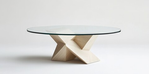 Poster - Unique modern coffee table with glass top and geometric wooden base in minimalist design
