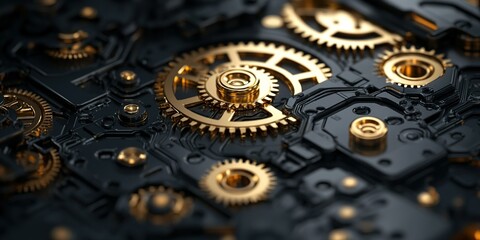 Poster - Intricate arrangement of golden gears and black machinery creating a visually striking mechanical design