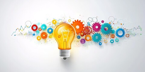 Poster - Creative light bulb surrounded by colorful gears and design elements symbolizes innovation and ideas in a modern context
