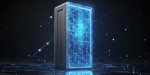 Poster - Futuristic technological device illuminated with digital sparks and blue light in a dark environment