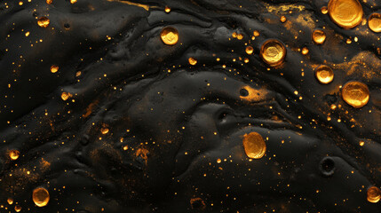 Poster - Close-up of shimmering bronze oil on dark surface for art and design