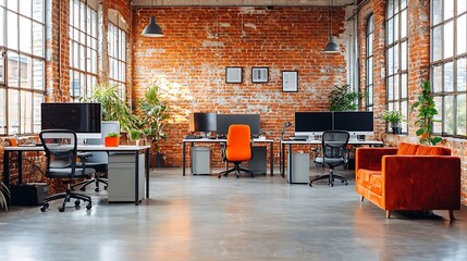 Poster - Modern Office Workspace with Exposed Brick and Natural Light