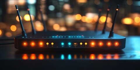 Poster - Modern wireless router lit up at night against a bokeh background of city lights