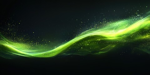 Fototapete - Dynamic green wave with shimmering particles creates a mystical ambiance in a dark background